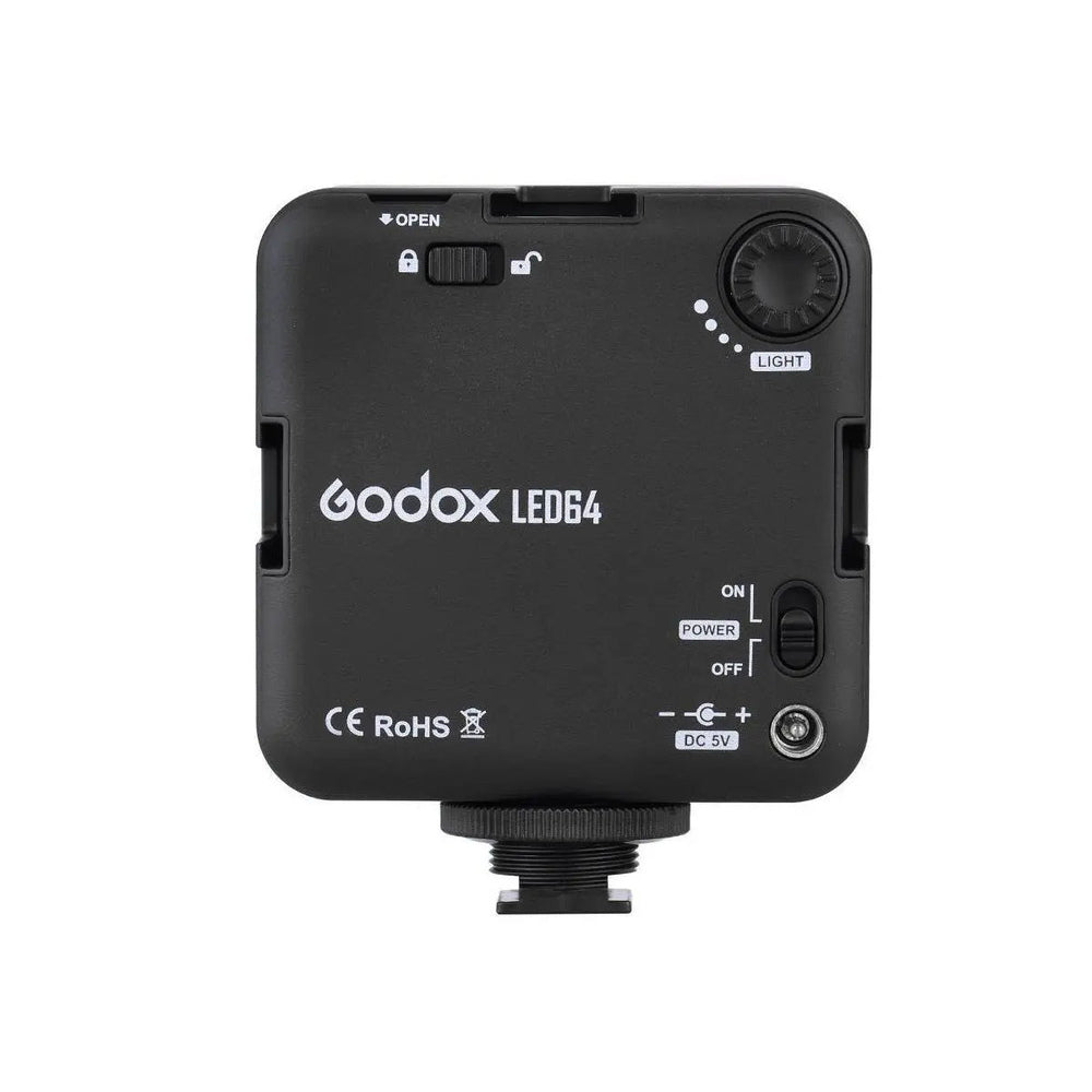 Godox LED64 rear panel with power toggle, stepless brightness dial and 5V DC input