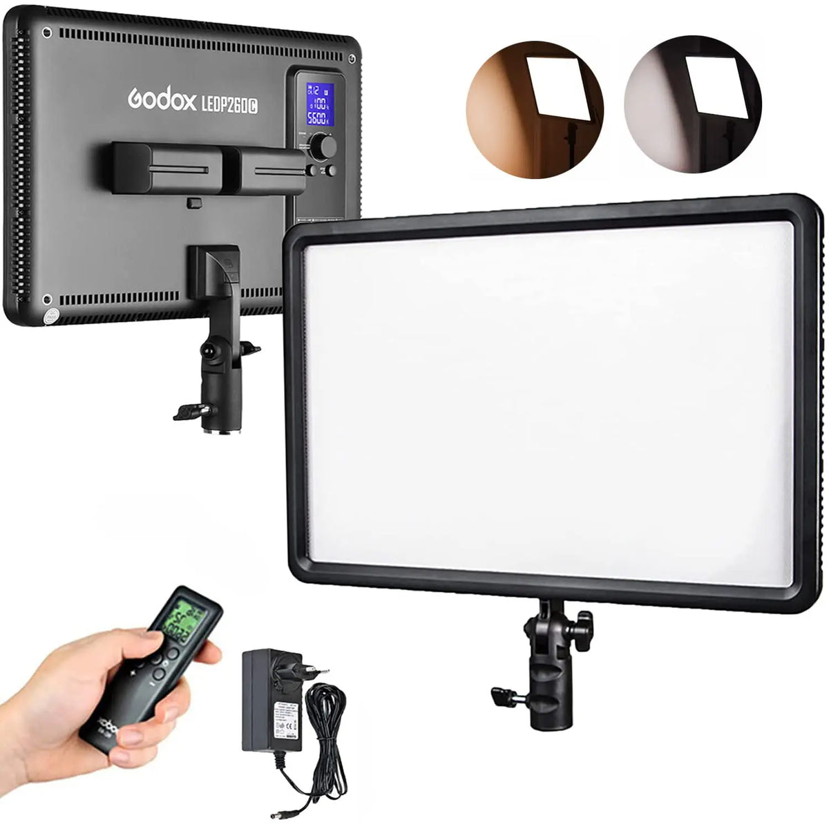 Godox LEDP260C bi-colour LED video light panel front and rear views beside a remote and AC adapter