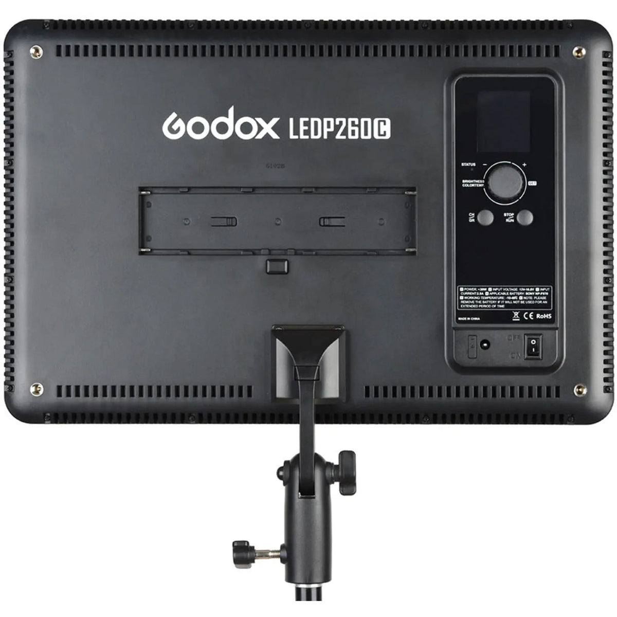 Godox LEDP260C ultra slim bi-colour LED video light panel rear view with LCD brightness control and NP-F battery mount