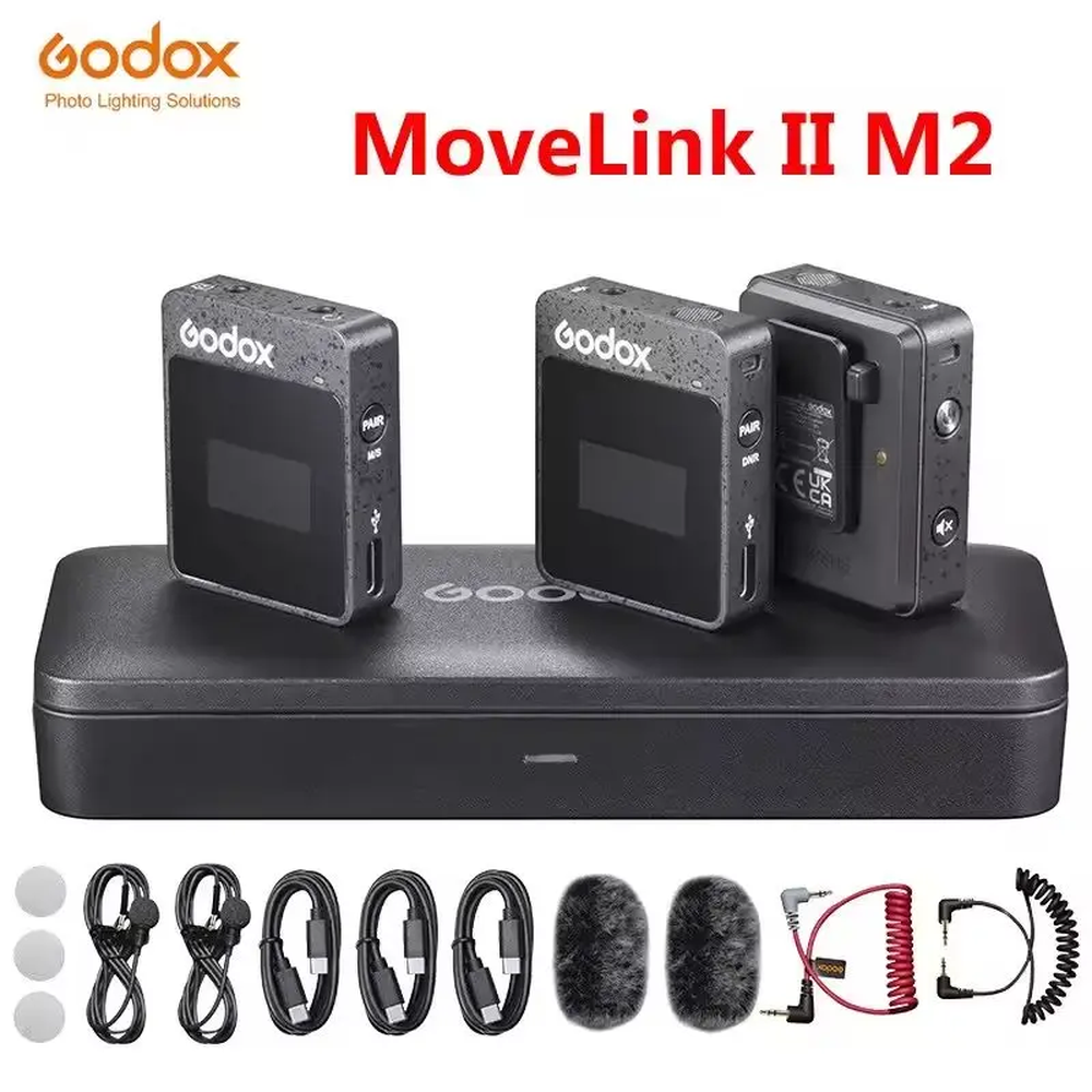 Godox MoveLink II M2 twin transmitter one receiver kit shown with charging case, windshields and cables