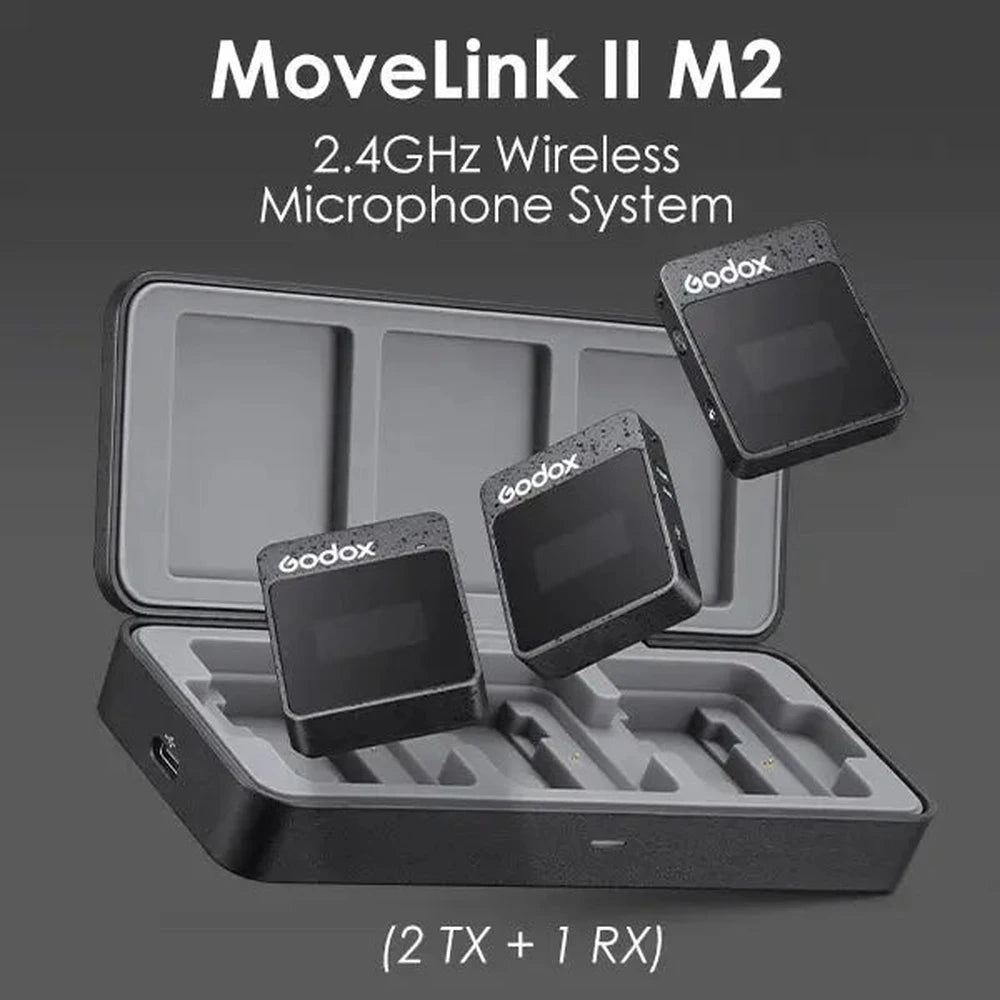 Godox MoveLink II M2 two transmitters and one receiver shown above included three-slot charging case