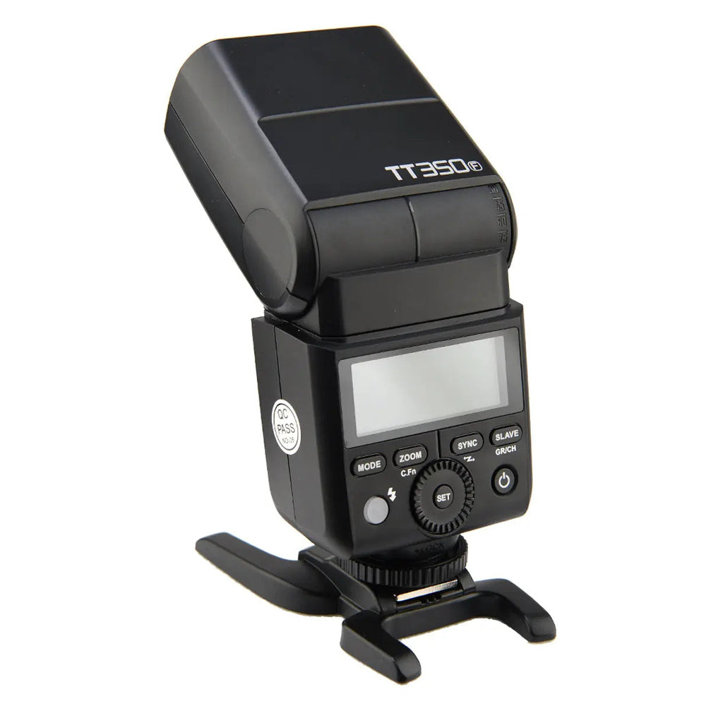 Godox TT350F rear LCD and controls shown on stand
