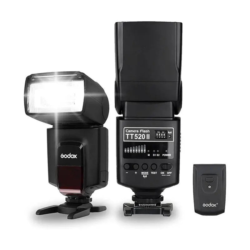 Godox TT520 II speedlite illuminated front and rear control views beside wireless trigger