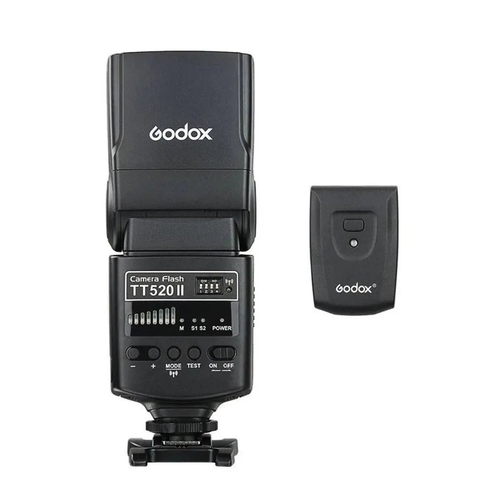 Godox TT520 II flash rear control panel next to wireless trigger