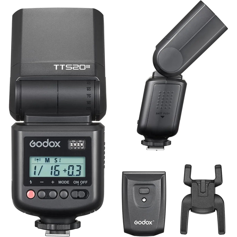 Godox TT520 III rear LCD screen, battery compartment and flash transmitter