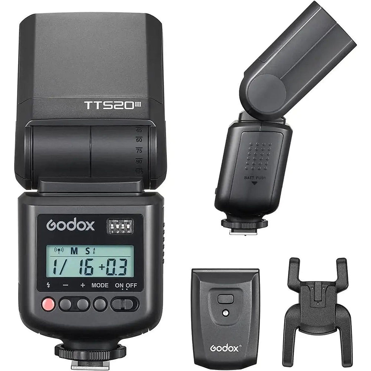 Godox TT520 III controls and connector details