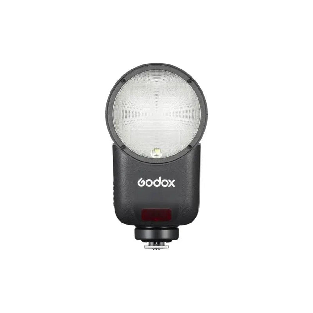 Godox V1 Mid C round flash head front view with LED modeling light