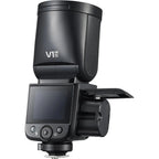 Godox V1 Mid N Nikon flash side view showing opened lithium battery compartment