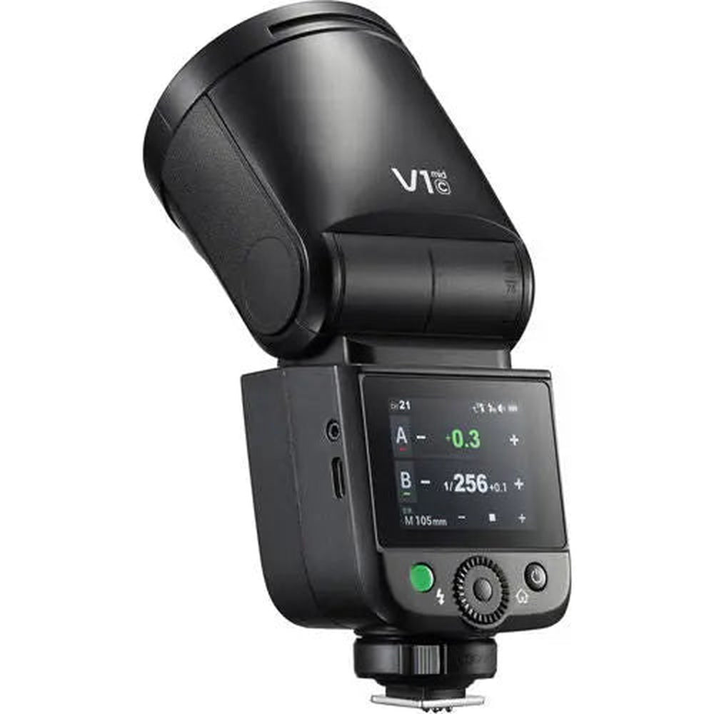 Godox V1 Mid N Nikon flash rear colour touchscreen and adjustable round head