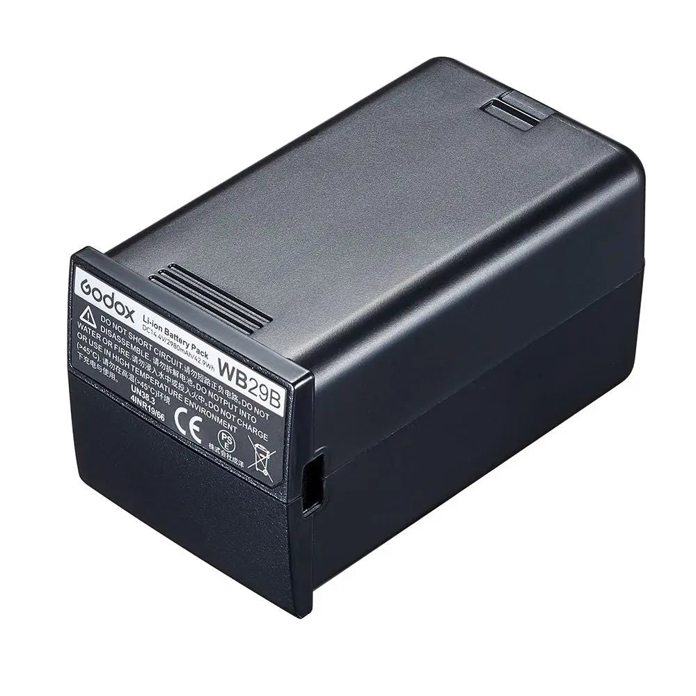Godox WB29B black 14.4V rechargeable flash battery angled view
