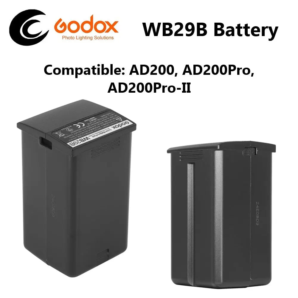 Godox WB29B lithium flash battery two-sided view and AD200 compatibility graphic