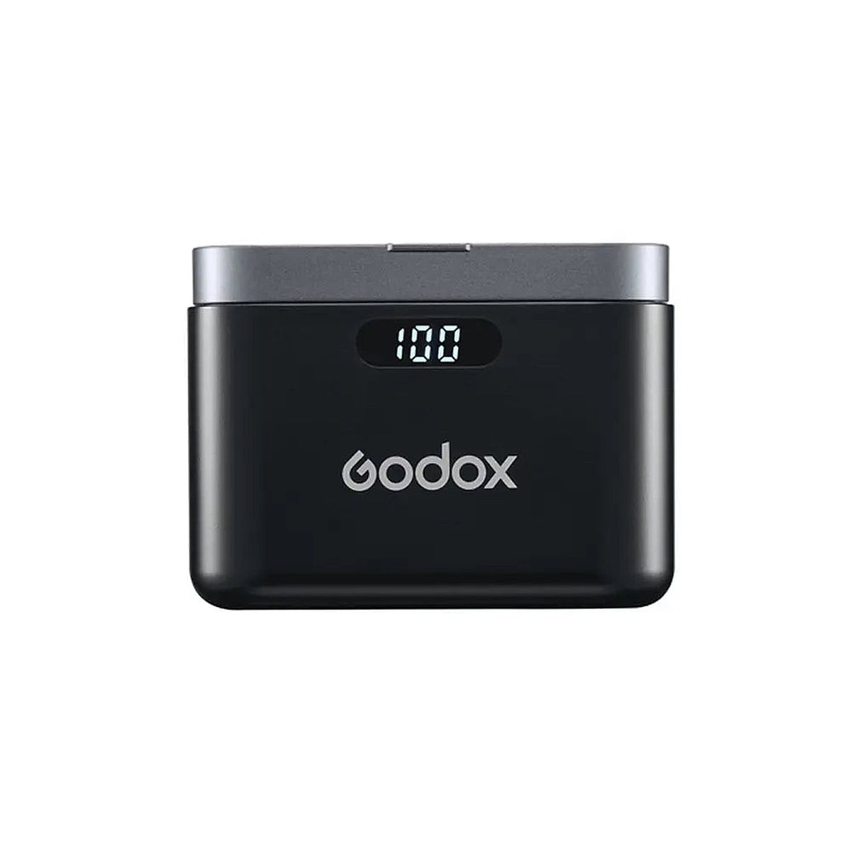 Godox WES2 Kit2 charging case closed, showing its digital battery-level display.