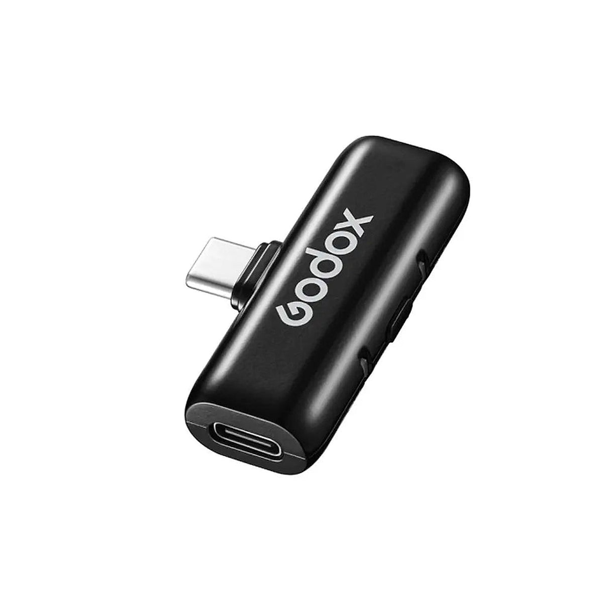 Angled view of the Godox WES2 USB-C wireless microphone receiver showing its phone connector and USB-C charging port.