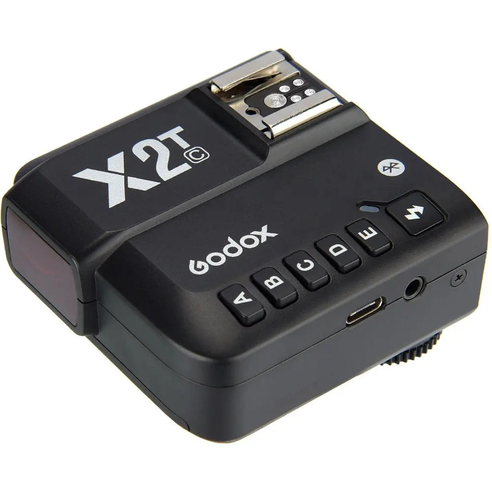 Godox X2T-C Canon wireless flash transmitter three-quarter top view and hotshoe