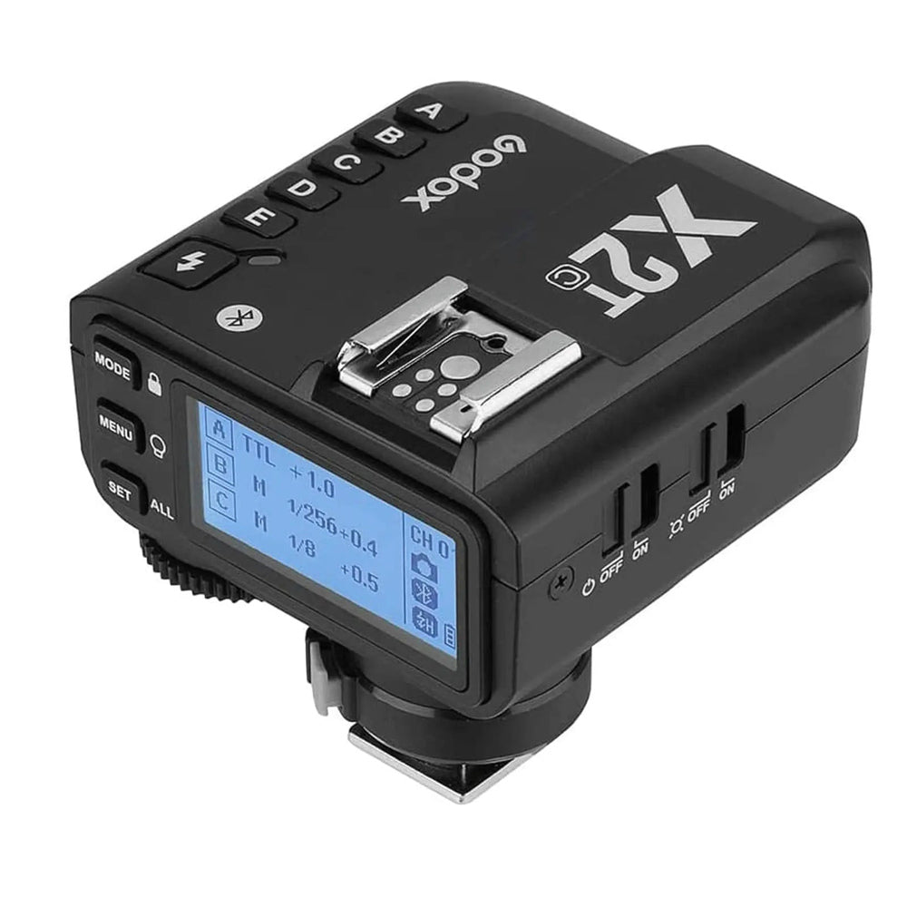 Godox X2T-C Canon wireless flash transmitter angled top-front view and LCD controls