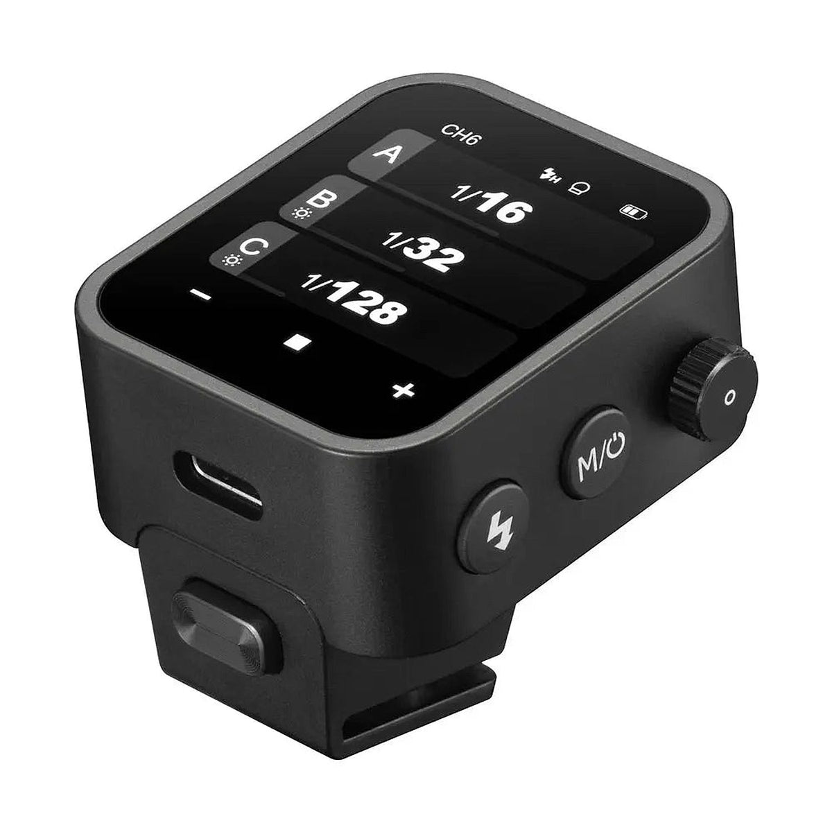 Angled control-side view of the Godox X3-C Canon wireless flash trigger showing its touchscreen, adjustment dial and mode button.