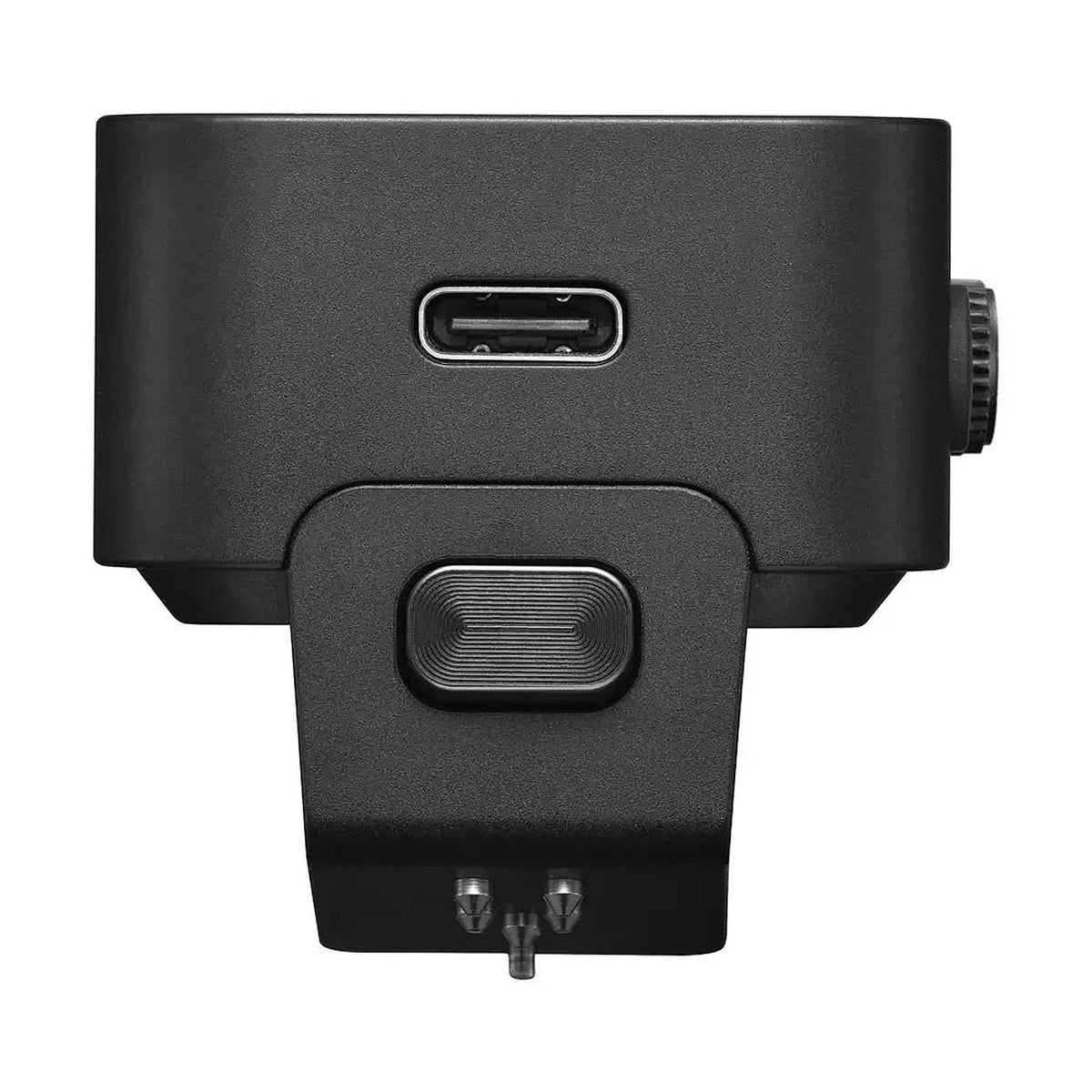 Rear view of the Godox X3-C Canon wireless flash trigger showing the USB-C port and hot-shoe locking button.