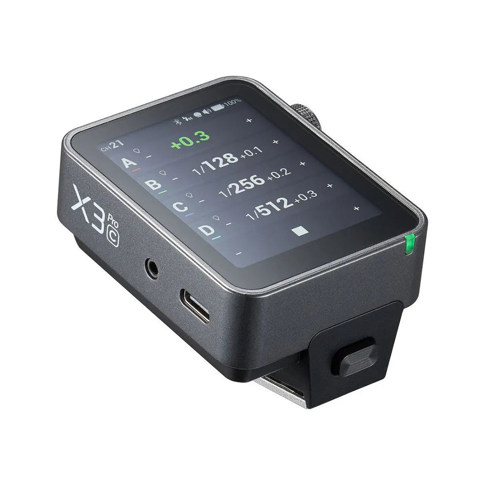 Godox X3Pro-C Canon wireless trigger angled side view and USB-C charging port