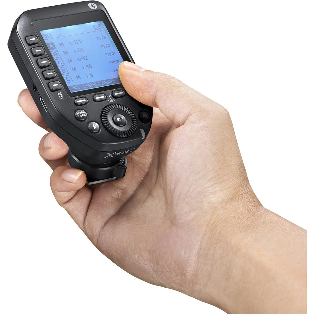 Godox XPro II-N Nikon wireless transmitter photographed in a hand