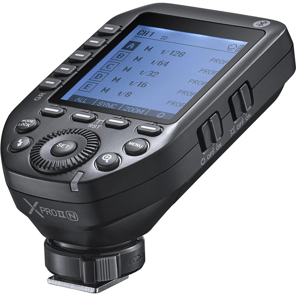 Godox XPro II-N Nikon TTL flash trigger three-quarter front LCD and button view