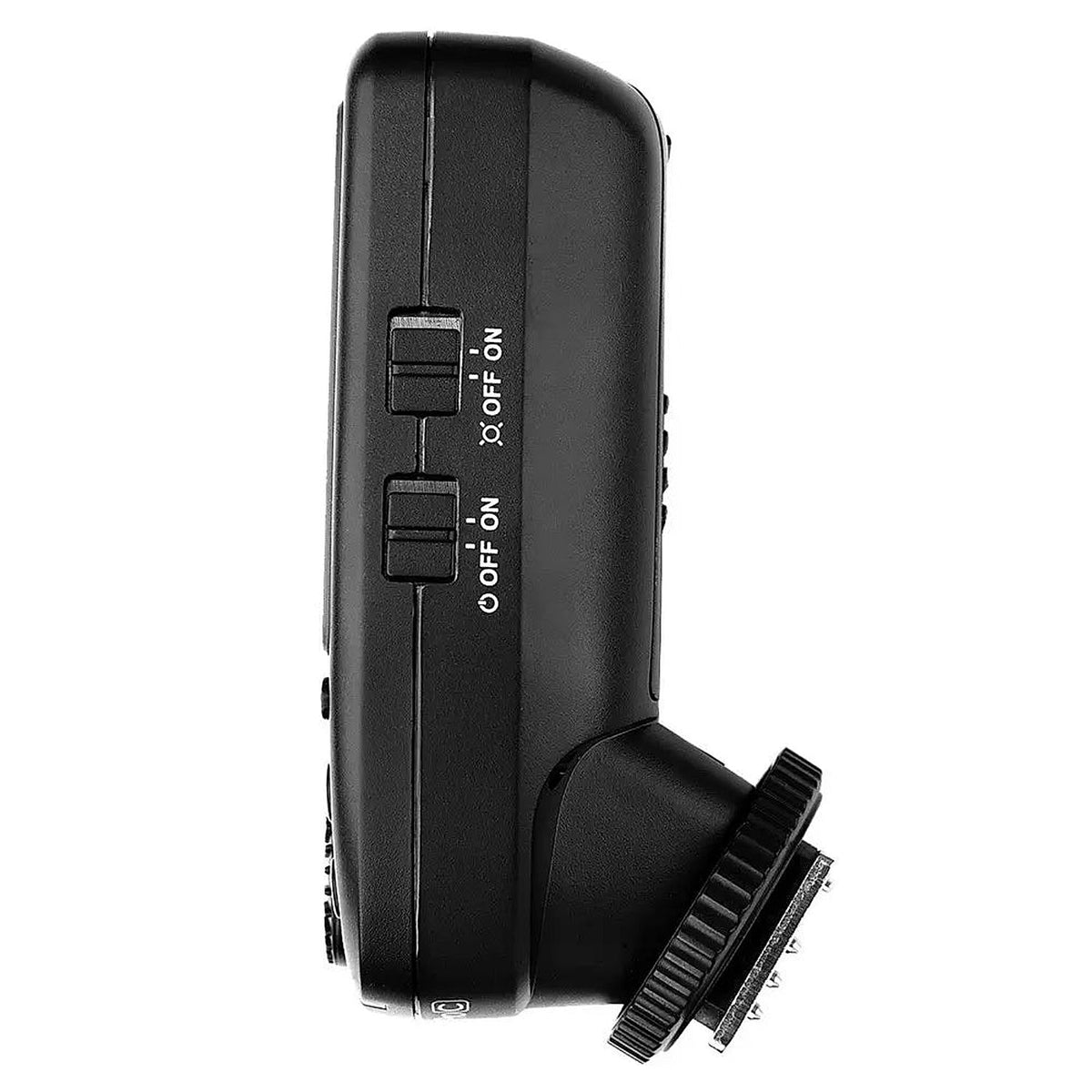 Side view of Godox XPro N Nikon flash trigger showing controls and mounting foot