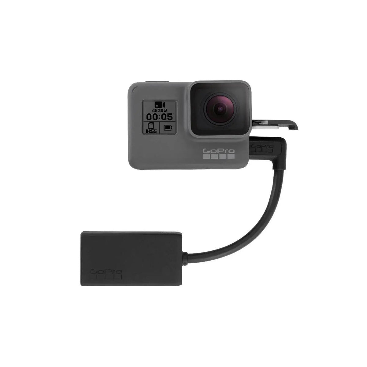 GoPro AAMIC-001 3.5mm Pro microphone adapter connected to compatible GoPro HERO camera with 90-degree USB-C plug; camera not included