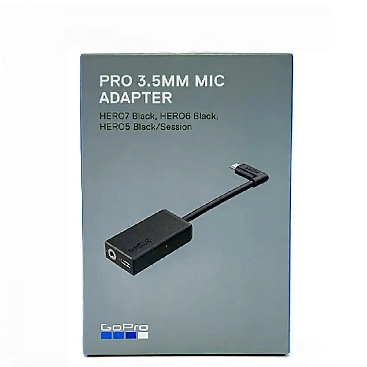 GoPro Pro 3.5mm Mic Adapter AAMIC-001 retail packaging, front view with the adapter illustrated on the box