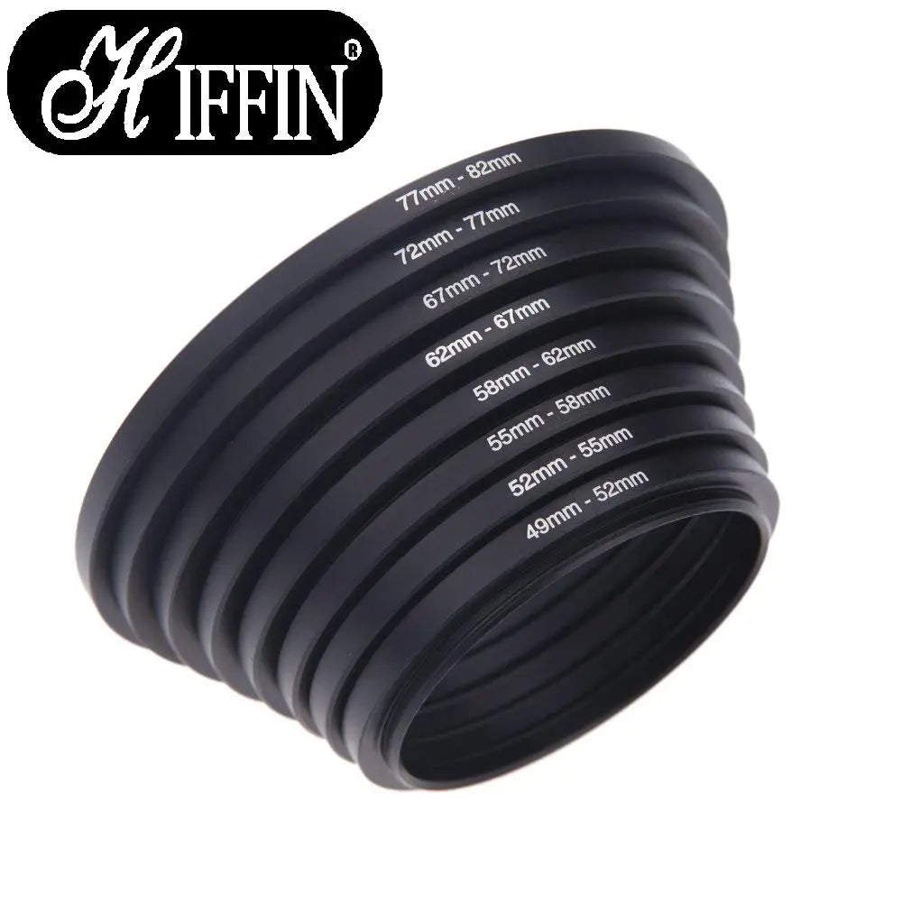 Eight HIFFIN step-up lens filter adapter rings stacked with sizes from 49–52mm to 77–82mm