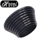 Eight HIFFIN step-up lens filter adapter rings stacked with sizes from 49–52mm to 77–82mm