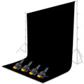 HIFFIN black 8 x 12 ft LEKERA photography backdrop shown hanging with clamps; stand shown for illustration