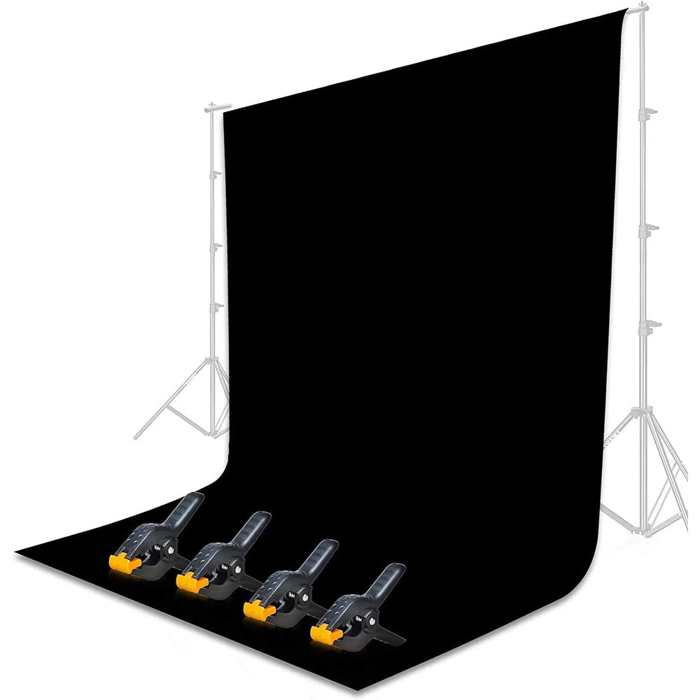 HIFFIN black 8 x 12 ft LEKERA photography backdrop shown hanging with clamps; stand shown for illustration