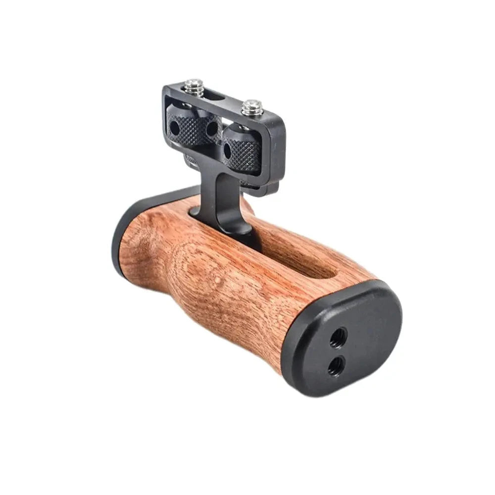 HIFFIN HF-096 style wooden camera cage side handle grip with cold shoe and threaded mounting points