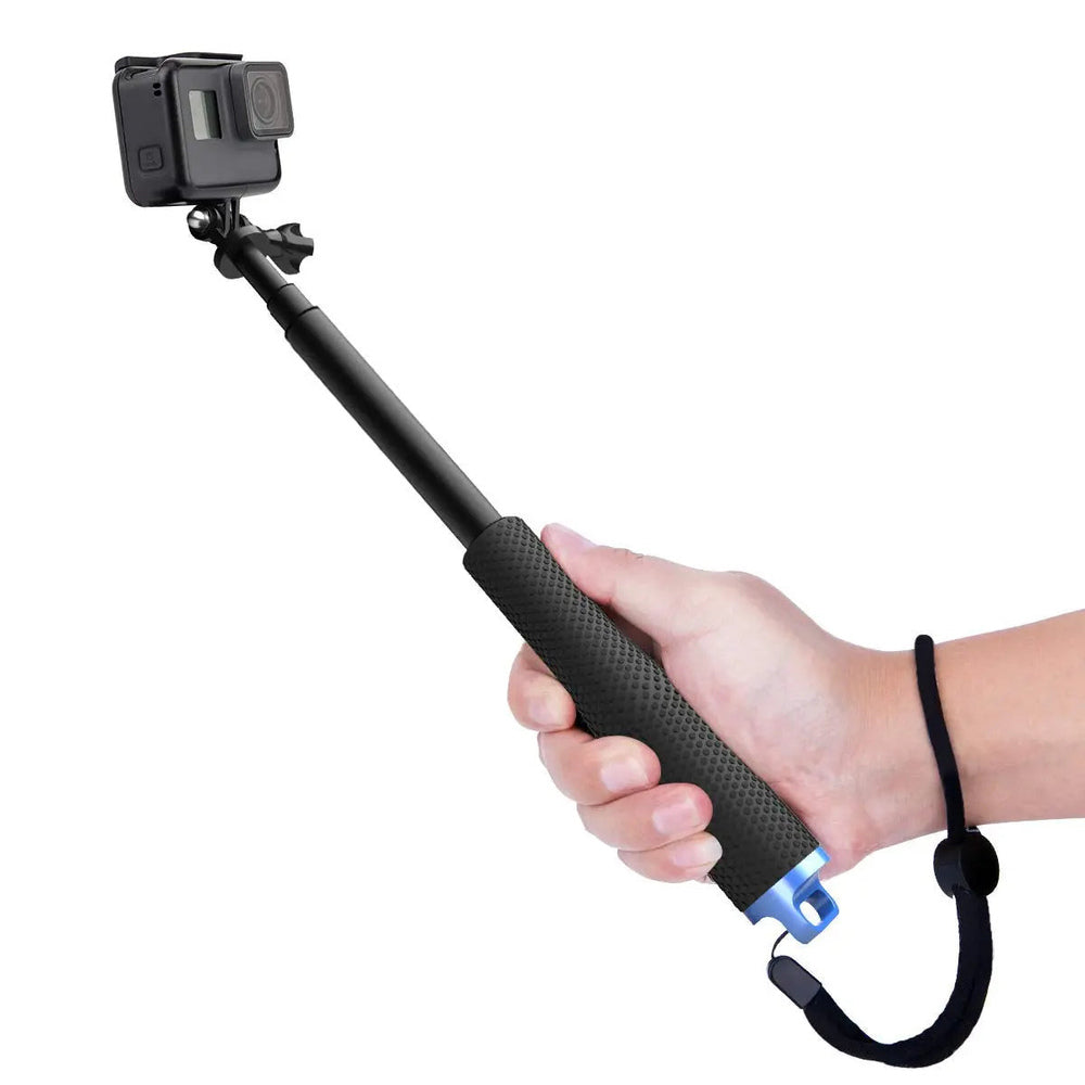 HIFFIN 19-inch extendable waterproof hand-grip monopod for action cameras held in hand with wrist strap; camera shown for illustration