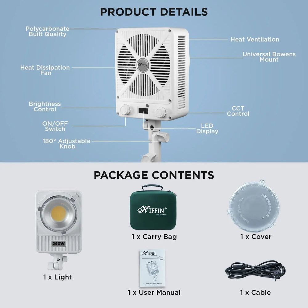 HIFFIN HF-250 250W Bowens mount studio LED light showing controls and kit contents
