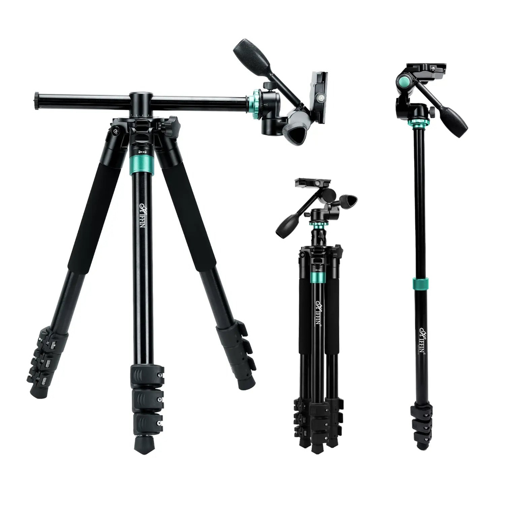 HIFFIN HF-999 professional tripod monopod with 3-way pan head, extended and folded views