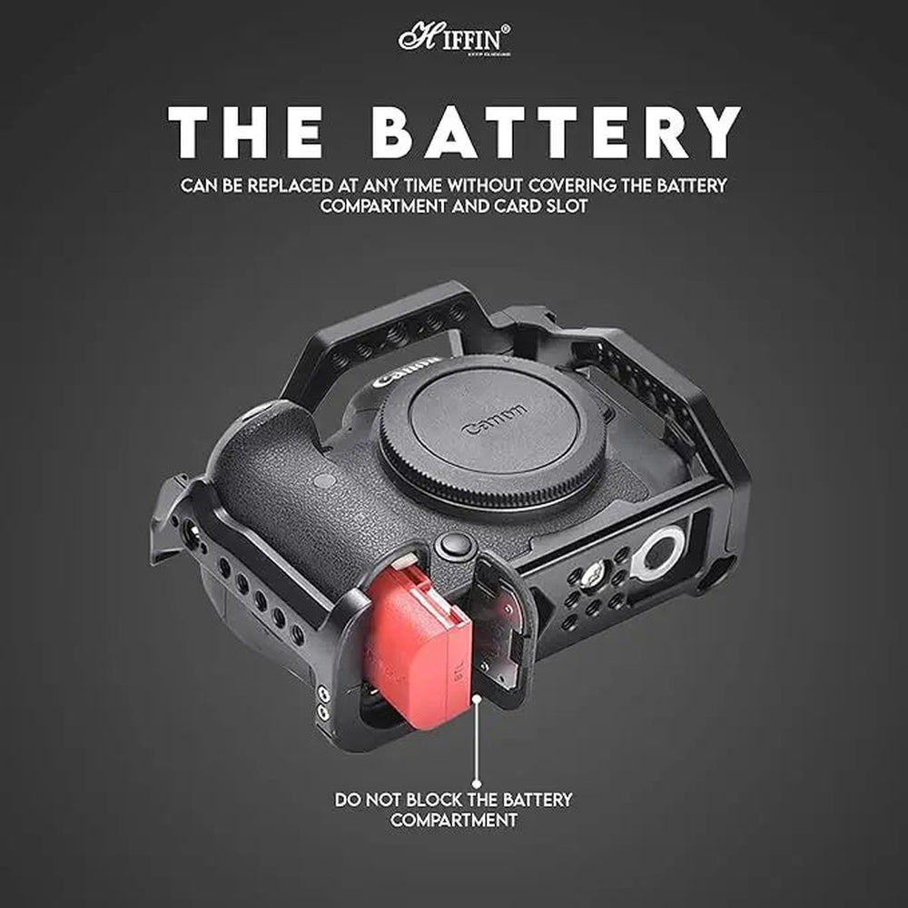 HIFFIN HF-MC-R6-1 camera cage for Canon EOS R5, R6, R6 II and R5 C showing battery access