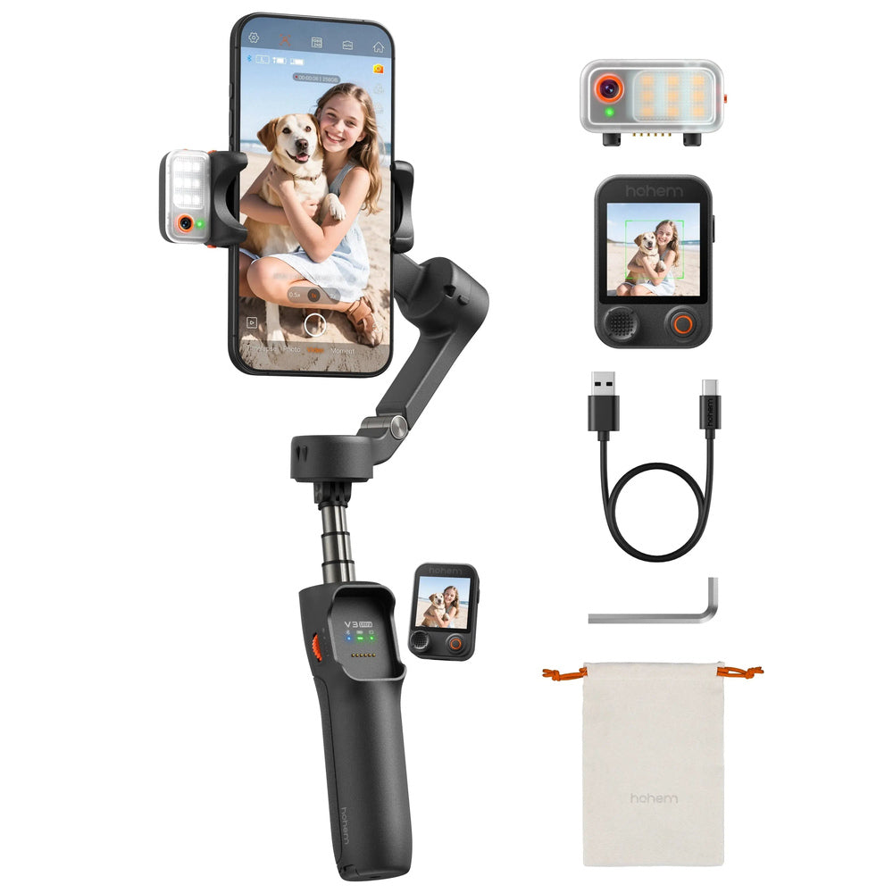 Hohem iSteady V3 Ultra Shadow Black unfolded gimbal AI tracker touchscreen remote and accessories
