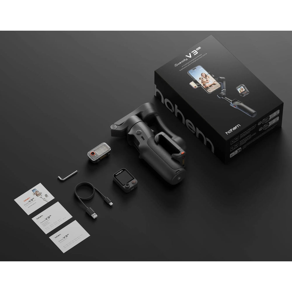 Hohem iSteady V3 Ultra Shadow Black retail box gimbal folded and AI tracking components
