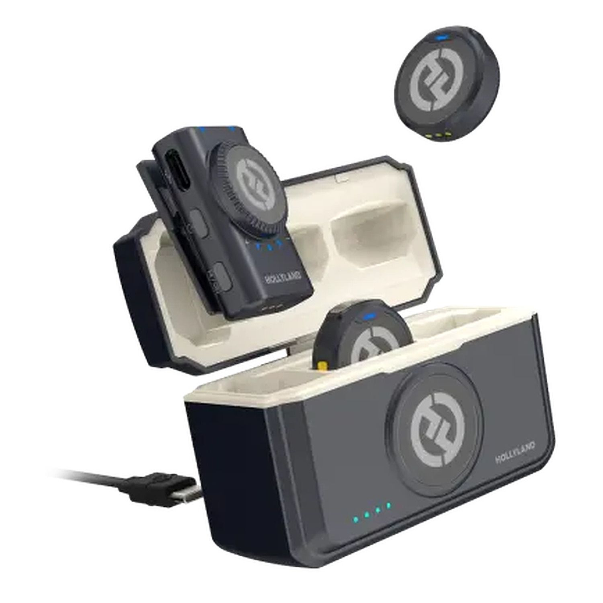 Hollyland LARK M2 Combo charging case with camera receiver and two wireless microphone transmitters