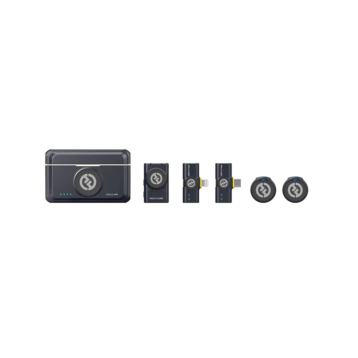 Hollyland LARK M2 Combo wireless microphone system with charging case, camera receiver, USB-C receiver, Lightning receiver and two transmitters