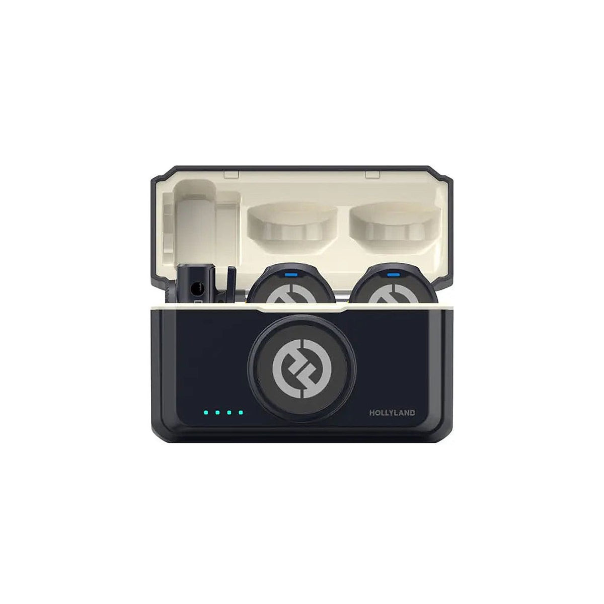 Hollyland LARK M2 Mini Combo charging case open, front view with the two round transmitters and camera receiver docked inside