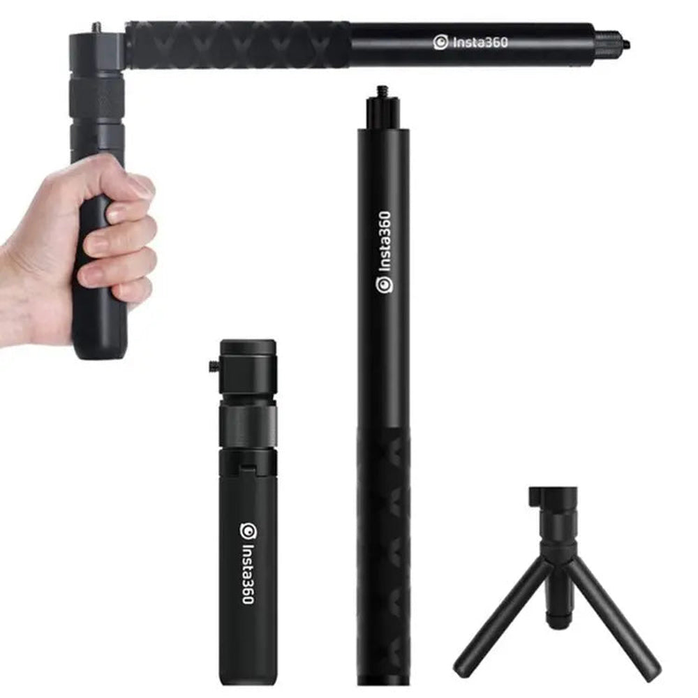 Insta360 Bullet Time accessory bundle assembled handle, selfie stick and deployed tripod