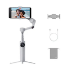 Insta360 Flow 2 Stone Gray gimbal, phone clamp, USB charging cable and pouch product overview