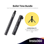 Insta360 Bullet Time accessory bundle stick, tripod handle and compatibility illustration