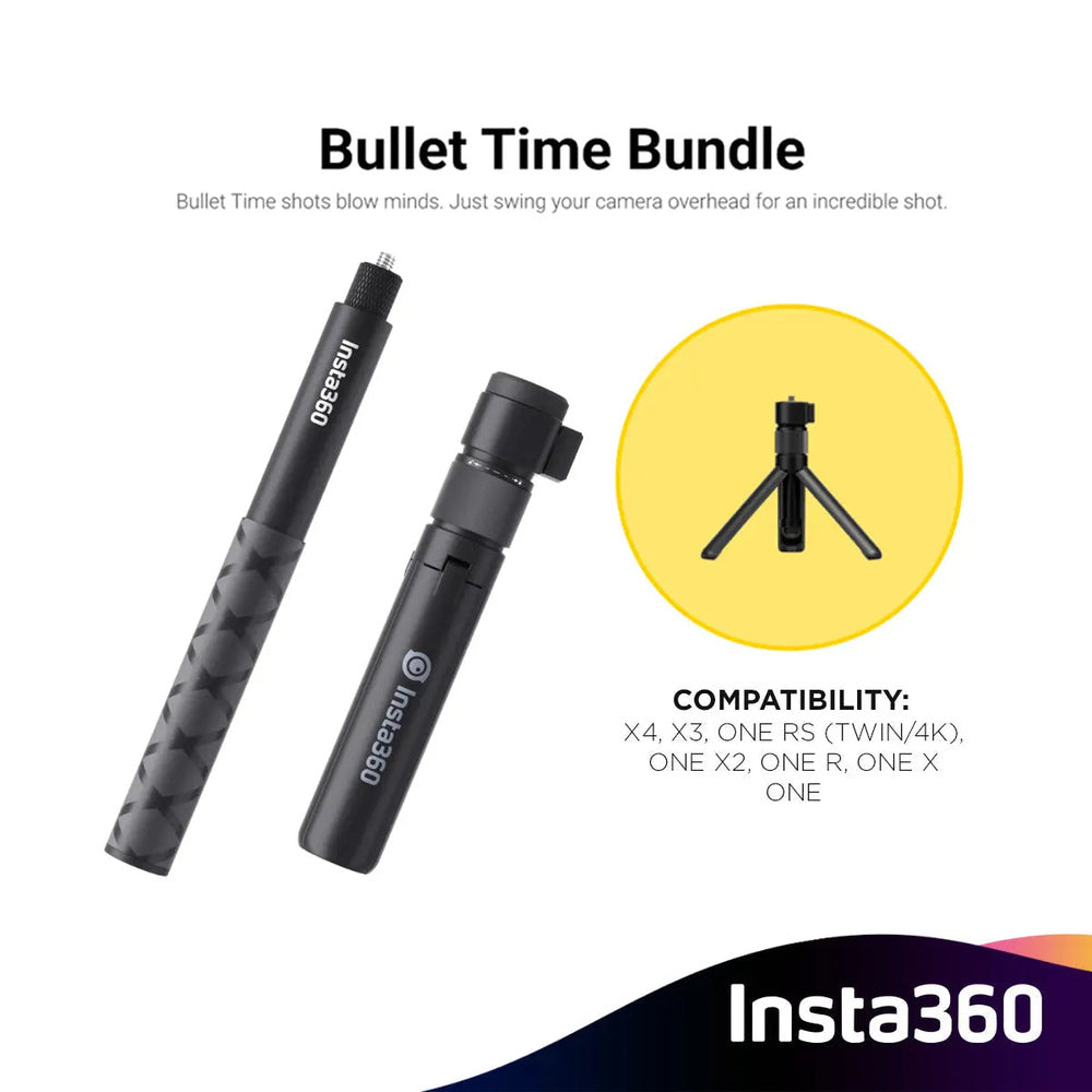Insta360 Bullet Time accessory bundle stick, tripod handle and compatibility illustration