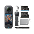 Insta360 X5 Essentials Bundle camera with lens guards, batteries, charging case, carry case and invisible selfie stick
