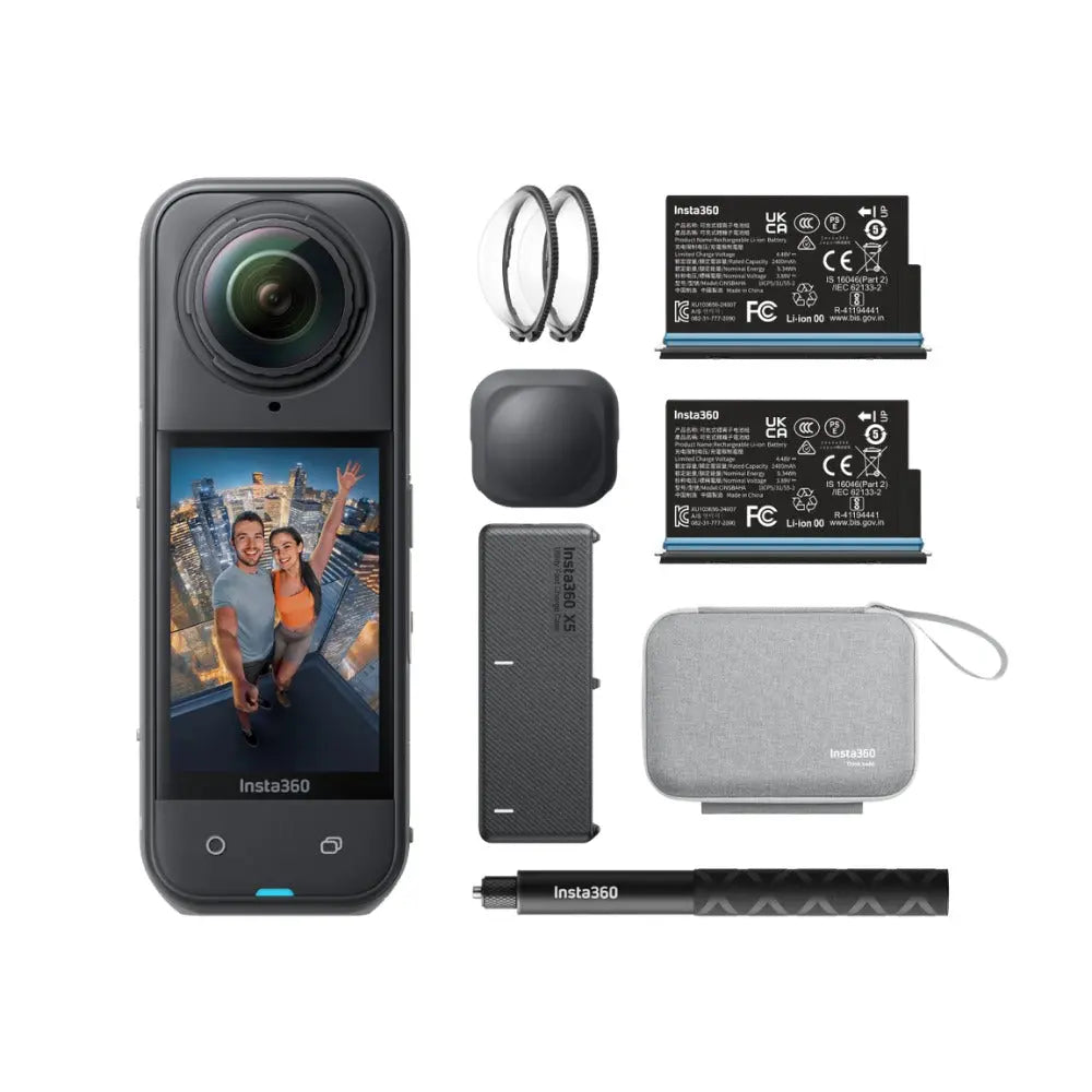 Insta360 X5 Essentials Bundle camera with lens guards, batteries, charging case, carry case and invisible selfie stick