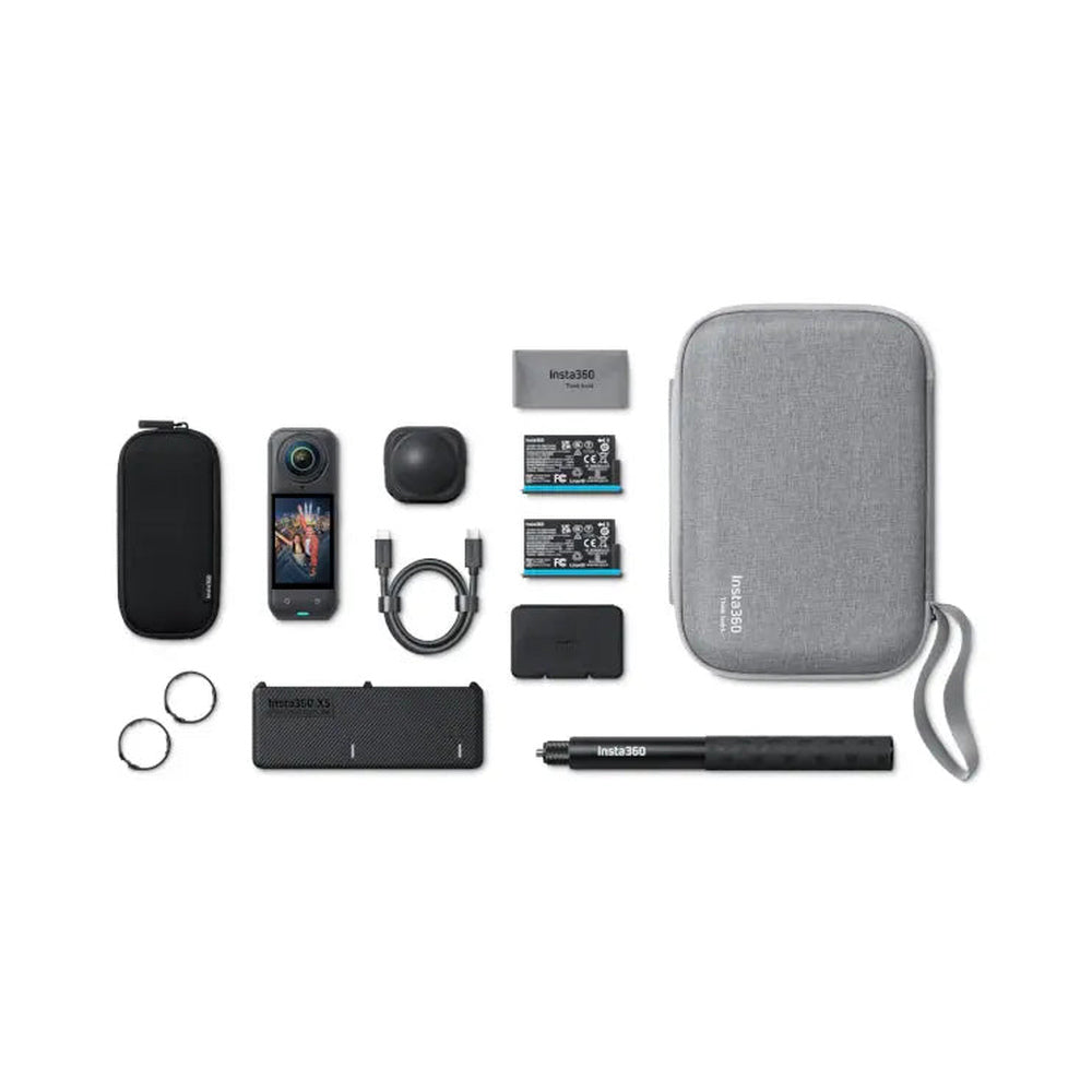 Insta360 X5 official Essentials Bundle equipment flat lay with camera, two batteries, lens guards, charge case, travel case and selfie stick
