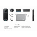 Insta360 X5 Essentials Bundle numbered in-box guide showing camera, lens cap, lens guards, additional battery, carry case, charge case and 114cm selfie stick