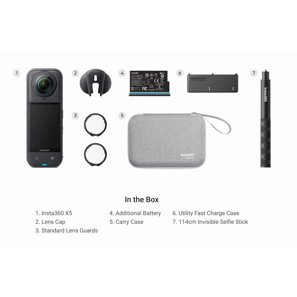 Insta360 X5 Essentials Bundle numbered in-box guide showing camera, lens cap, lens guards, additional battery, carry case, charge case and 114cm selfie stick